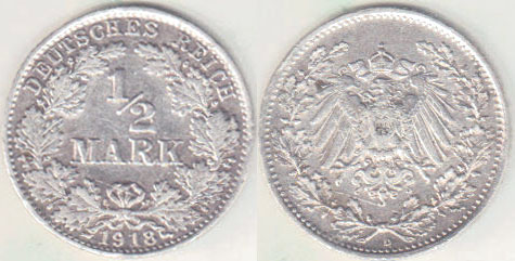 1918 D Germany silver 1/2 Mark A001123